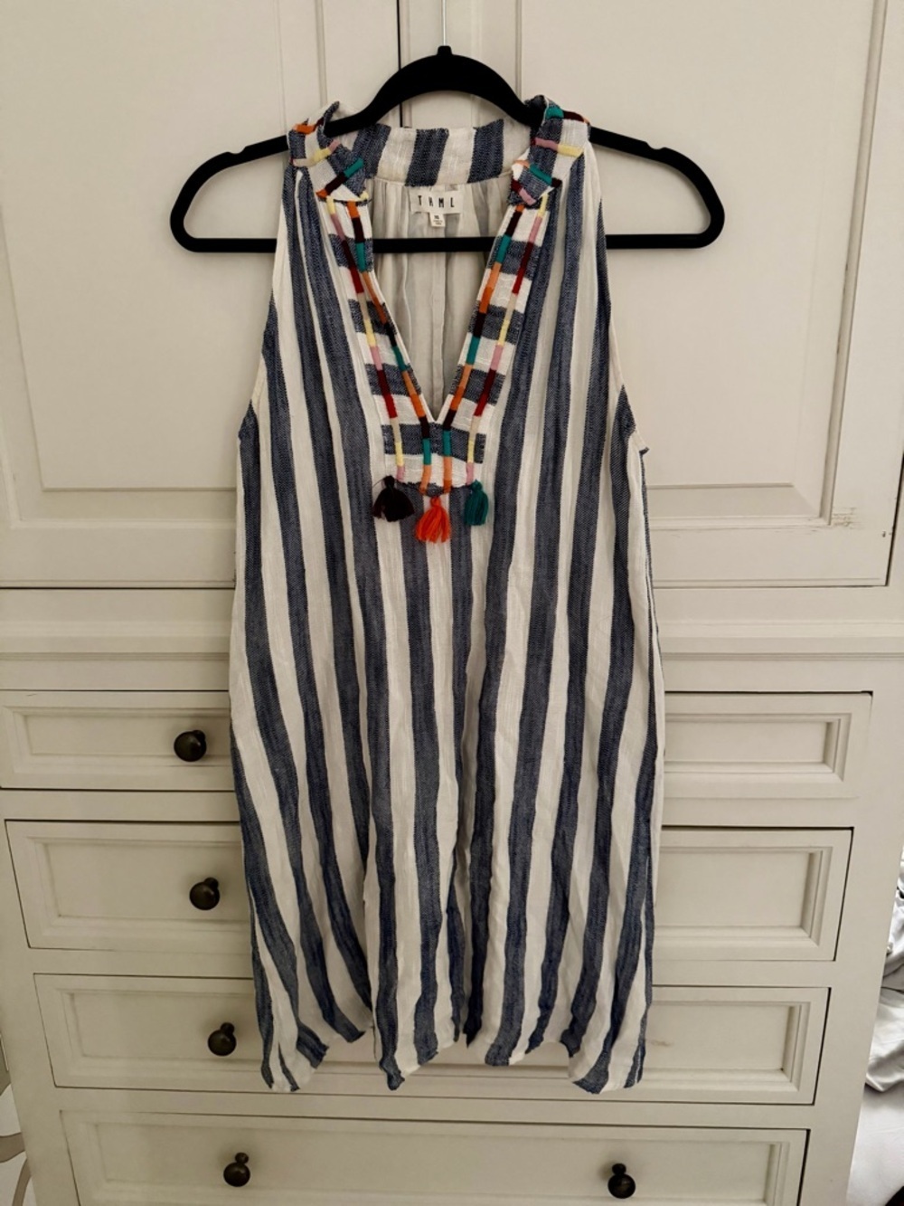 THML White and Navy Striped Sleeveless Dress with Embroidered Neck